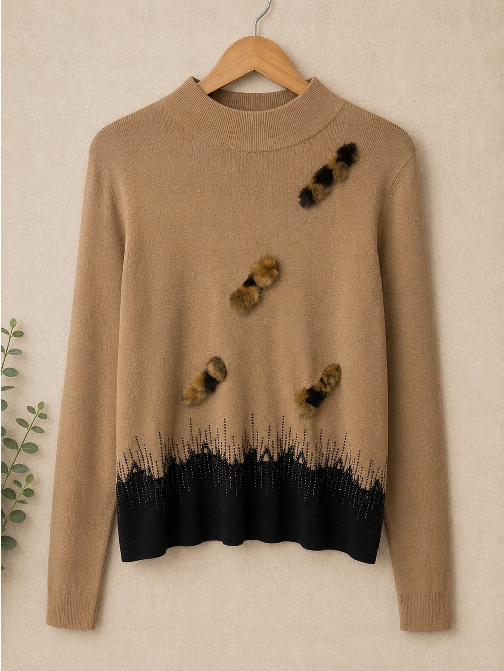 Kenneth Miller Embellished Faux Fur Mock Neck Sweater Tan Black Size Large